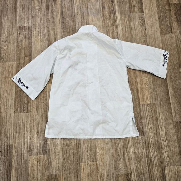 Vtg Chinese Kimono Top Womens L Blue Embroidered Dragons Pockets Short Sleeve - Picture 10 of 10